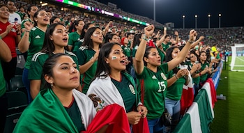 Un grupo de mujeres mexicanas vestidas con camisetas de fútbol verde y banderas, animando fervientemente con los puños en alto en un estadio lleno.