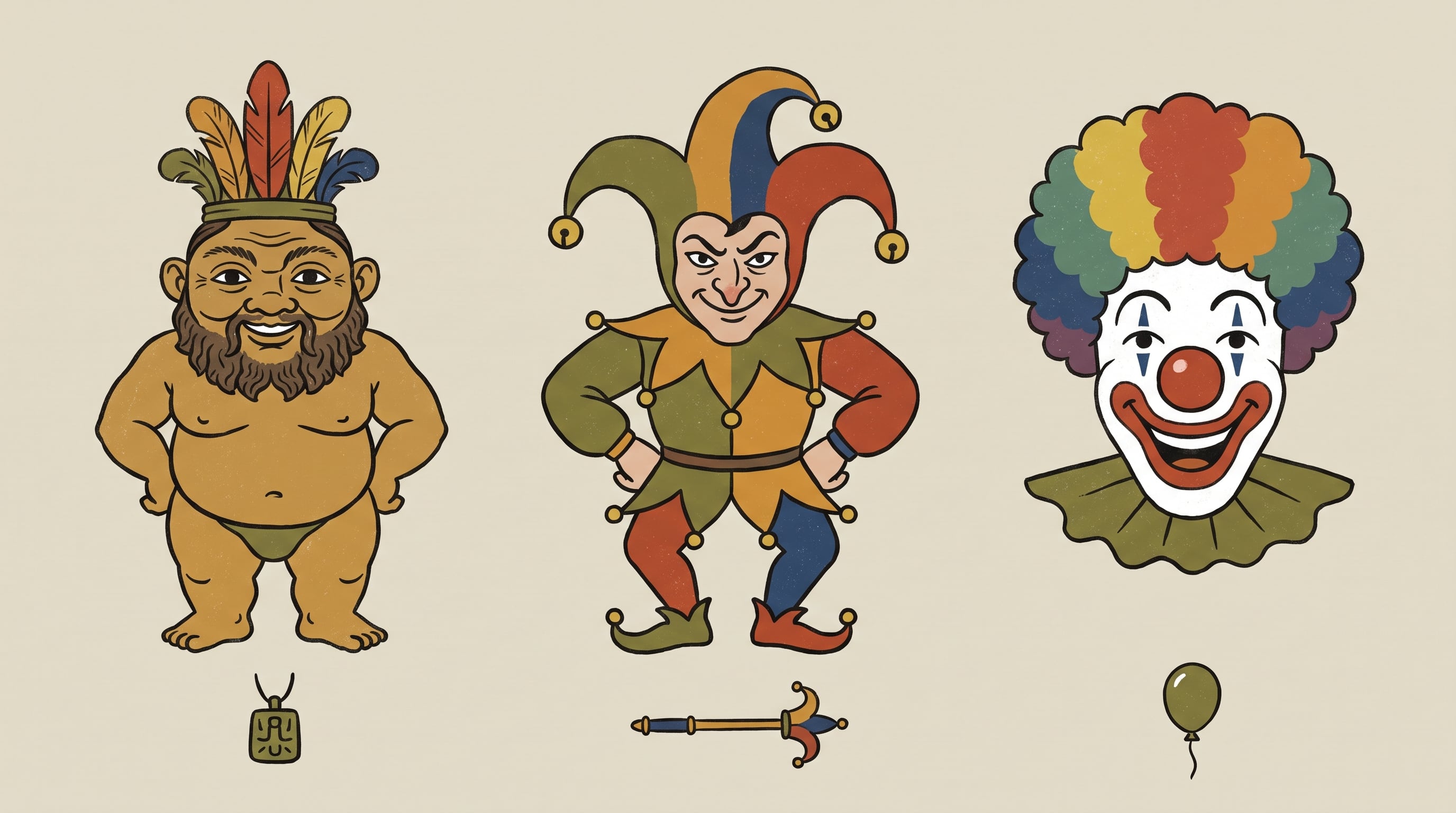 Esta ilustración editorial muestra las figuras de Bes, el bufón medieval y un payaso moderno, representaciones históricas del humor y el entretenimiento a lo largo del tiempo. (Imagen Ilustrativa Infobae)