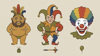 Ilustración de tres figuras: deidad egipcia Bes con tocado de plumas, bufón medieval con sombrero de cascabeles y payaso moderno con peluca. Símbolos: amuleto, cetro, globo.