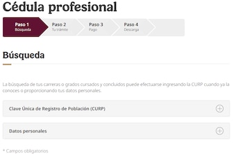 El portal de la Dirección General de Profesiones permite firmar la solicitud con e.firma, pagar derechos y descargar la cédula profesional electrónica al finalizar el proceso. (Captura de pantalla)