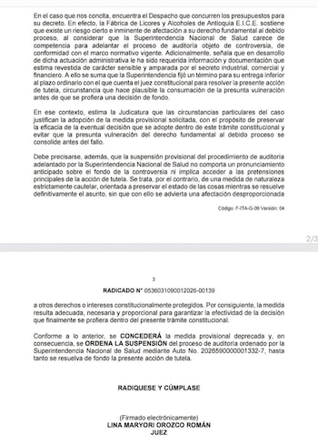 El Juzgado Primero Penal del Circuito con Función de Conocimiento de Itagüí ordenó suspender de manera provisional la auditoría que la Superintendencia Nacional de Salud adelantaba en la Fábrica de Licores de Antioquia – crédito Rama Judicial