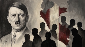 Retrato en blanco y negro de Adolf Hitler junto a siluetas oscuras de hombres y un mapa de Perú pintado en tonos rojo y blanco.