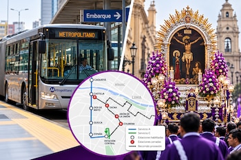 Un autobús en una estación, fieles que cargan el anda del Señor de los Milagros y un mapa con rutas y estaciones de transporte público