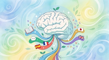 Ilustración de un cerebro con hojas, letras, libro, burbuja de diálogo y banderas de España, Francia, Reino Unido, Japón. Fondo de acuarela.