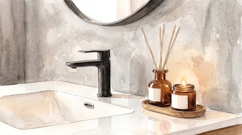 Ilustración al estilo acuarela de un lavabo blanco con grifo negro, un difusor de aroma con varillas y una vela encendida sobre una bandeja.