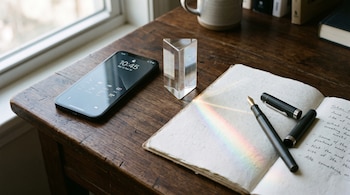 Escritorio de madera con un teléfono móvil, un prisma de vidrio con luz refractada, una libreta abierta y una pluma estilográfica.