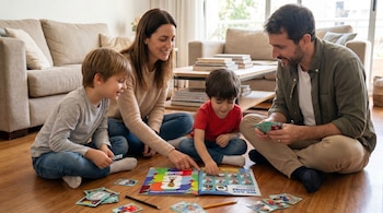 Una familia de cuatro personas, madre, padre y dos hijos, sentados en el suelo de su sala, se ríen y colaboran para llenar un álbum de figuritas.