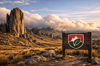 Formaciones rocosas verticales en un paisaje de pastizales secos bajo un cielo nublado, con un cartel de madera y el escudo del SERNANP en primer plano.
