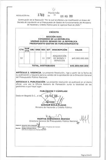 La adición presupuestal del Senado cubrirá bienes y servicios, pagos a contratistas y apoyo a funcionarios no vinculados a la planta del Capitolio Nacional - crédito Ministerio de Hacienda