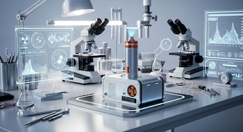 Batería nuclear de carbono-14 ultracompacta sobre mesa de laboratorio con microscopios, pantallas holográficas con datos, matraces, lápices e instrumentos.