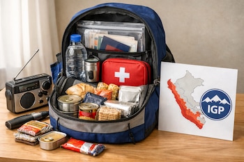 Mochila azul abierta con botella de agua, termo, botiquín rojo, alimentos, documentos en bolsa, radio, linterna, mapa de Perú con zonas sísmicas y logo IGP.