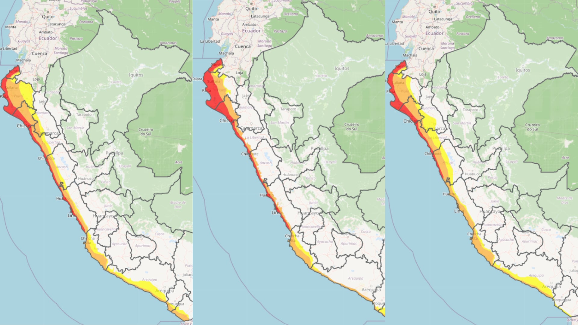 Tres mapas del Senamhi muestran el nivel de alerta ante el incremento de las temperaturas diurnas en varias regiones de Perú. (Senamhi)