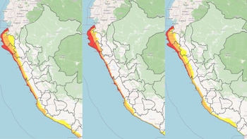 Tres mapas del territorio peruano con la franja costera marcada en tonos de rojo, naranja y amarillo