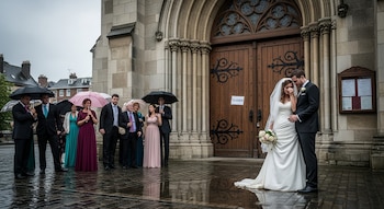 Novia con vestido blanco, novio de traje oscuro, grupo de invitados con paraguas, puerta de iglesia de madera, cartel "CLOSED", paredes de piedra, suelo mojado.