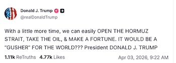 Captura de pantalla de un tuit de Donald J. Trump. Muestra el texto de su publicación del 3 de abril de 2026 sobre el Estrecho de Ormuz