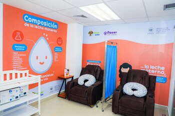 Sala de lactancia materna equipada para la extracción y conservación de leche, con información sobre la composición y beneficios de la leche materna (Cortesía Bandesal).