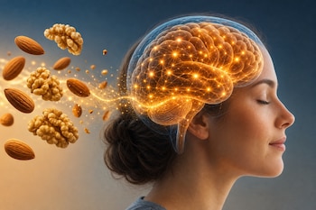 Perfil de una mujer con una ilustración de un cerebro iluminado, conectado mediante un haz de luz a varias nueces y almendras suspendidas.