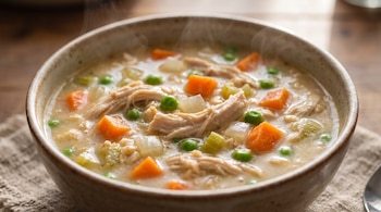 Tazón de sopa humeante con pollo desmenuzado, zanahoria en cubos, guisantes verdes y apio, sobre un paño de tela y una superficie de madera