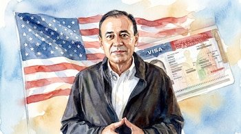 Ilustración en acuarela de un hombre con camisa y chaqueta, una bandera de Estados Unidos ondeando detrás y una visa estadounidense superpuesta.