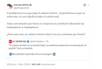 El presidente Gustavo Petro aseguró que el no subir más el salario mínimo sería un problema - crédito @petrogustavo/X