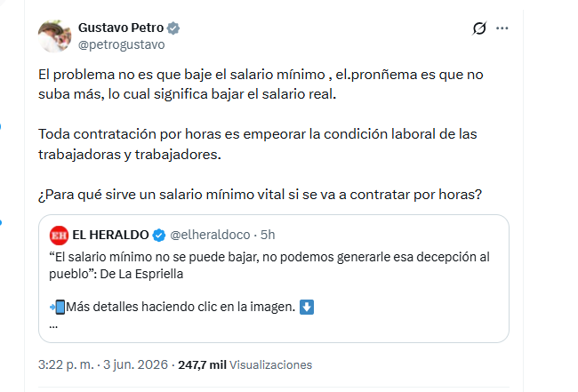 El presidente Gustavo Petro aseguró que el no subir más el salario mínimo sería un problema - crédito @petrogustavo/X