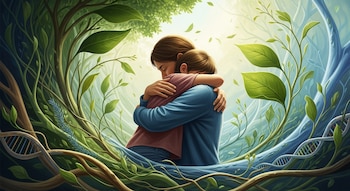 Ilustración de una persona abrazando a un niño entre ramas, hojas verdes y enredaderas. Dos hebras de ADN estilizadas son visibles en los bordes. La iluminación es suave.