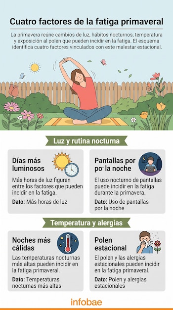 Infografía con una mujer en un jardín, cuatro recuadros explicativos con iconos sobre la fatiga y el logotipo de Infobae en la base.