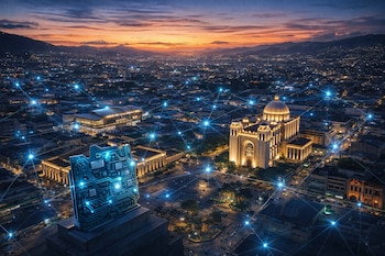 San Salvador al atardecer con edificios y montañas. Luces azules interconectan la ciudad. Una escultura de placa de circuito impreso azul vibrante en primer plano.