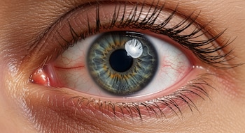 Primer plano extremo de un ojo humano con iris azul-verde, pupila oscura, esclerótica enrojecida con vasos sanguíneos y pestañas negras.
