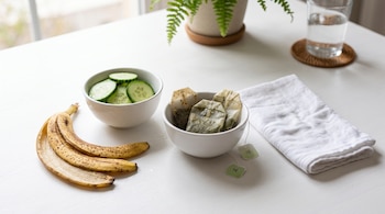 Cáscaras de plátano, un cuenco con rodajas de pepino, bolsitas de té, un paño blanco doblado y un vaso sobre una mesa.