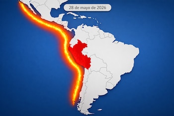 Mapa de Sudamérica con Perú en rojo y el Cinturón de Fuego del Pacífico en naranja brillante a lo largo de la costa. En la parte superior, la fecha 28 de mayo de 2026.