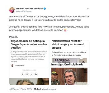 Jennifer Pedraza compartió noticias en las que se absuelve a Fajardo y acusó a Quintero de difundir información falsa - crédito @JenniferPedraz/X