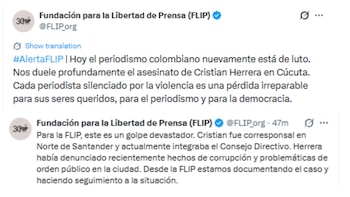 Mensaje de la Flip tras el crimen del periodista Cristian Herrera - crédito @FLIP_org/X