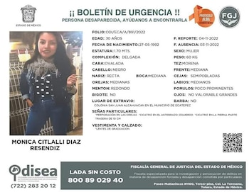 La Fiscalía Edoméx mantiene de manera permanente acciones de búsqueda de la joven Mónica Citlalli Díaz Reséndiz reportada como desaparecida desde el pasado 3 de noviembre en Ecatepec De Morelos
