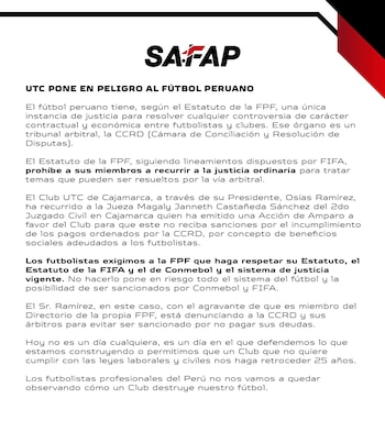 El firme comunicado de la SAFAP contra UTC.