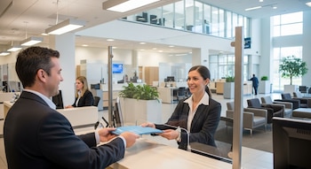 Un hombre con traje entrega una carpeta azul a una mujer sonriente con traje blanco y negro en la ventanilla de un banco moderno con amplias ventanas y luz natural.