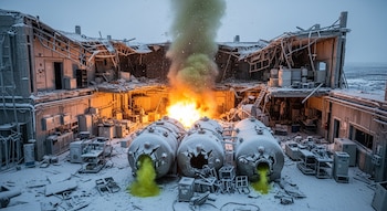 Edificio de laboratorio destruido cubierto de nieve con fuego, humo verde oscuro, tres tanques grandes rotos con líquido verde claro y equipamiento disperso.