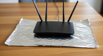 Primer plano de un router WiFi negro con cuatro antenas en una mesa de madera. Debajo del router hay una hoja de papel aluminio.
