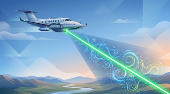 Un avión bimotor en vuelo emite un haz verde hacia espirales de partículas luminosas sobre un paisaje de montañas y un río.