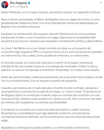 Zhu Jingyang explicó el papel de la empresa china en la construcción e inversión de la Línea 1 del Metro. - crédito @zhu_jingyang/X