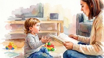 Ilustración en acuarela de una mujer leyendo un libro a un niño pequeño sentado en el suelo, con juguetes de colores al alcance.
