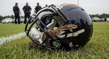 Un casco de fútbol americano negro con franja amarilla descansa en el césped con una serpiente cottonmouth marrón emergiendo. Policías y vehículos al fondo.