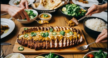 Lomo de cerdo rebanado con salsa de curry, cilantro y jalapeños en una tabla de madera. Varias manos sirven platos en una mesa rústica.