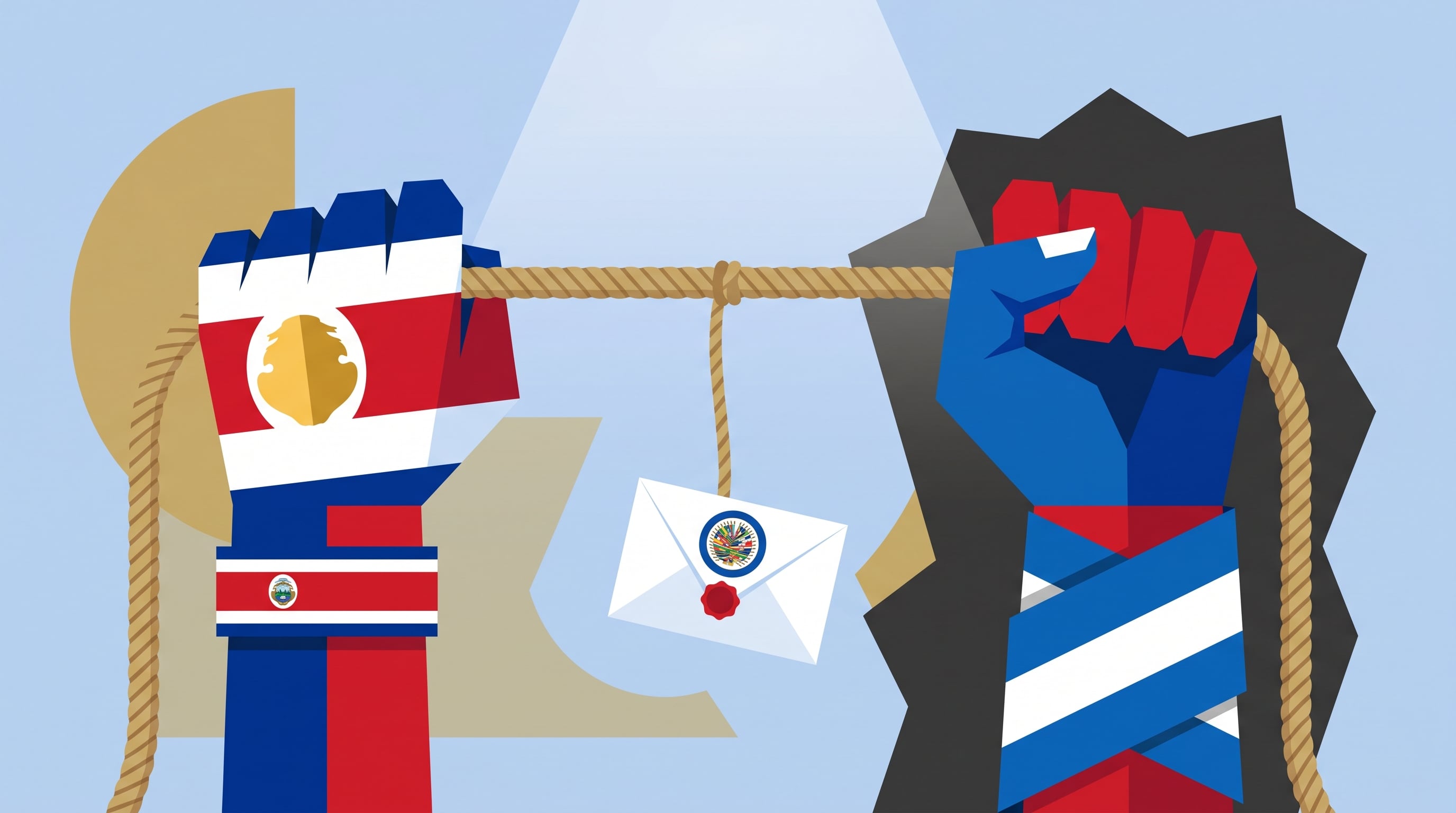 La ilustración conceptual muestra la tensión diplomática entre Costa Rica, con su mano en colores patrios, y Nicaragua, bajo un fondo oscuro, con un sobre de la OEA pendiendo de una cuerda. (Imagen Ilustrativa Infobae)