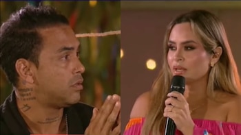 Díptico mostrando a Diego Chávarri a la izquierda, con un piercing en la nariz y tatuajes en el cuello, y a Ethel Pozo a la derecha, hablando por un micrófono