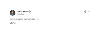 Javier Milei celebró en X el regreso de Agostina Páez al país