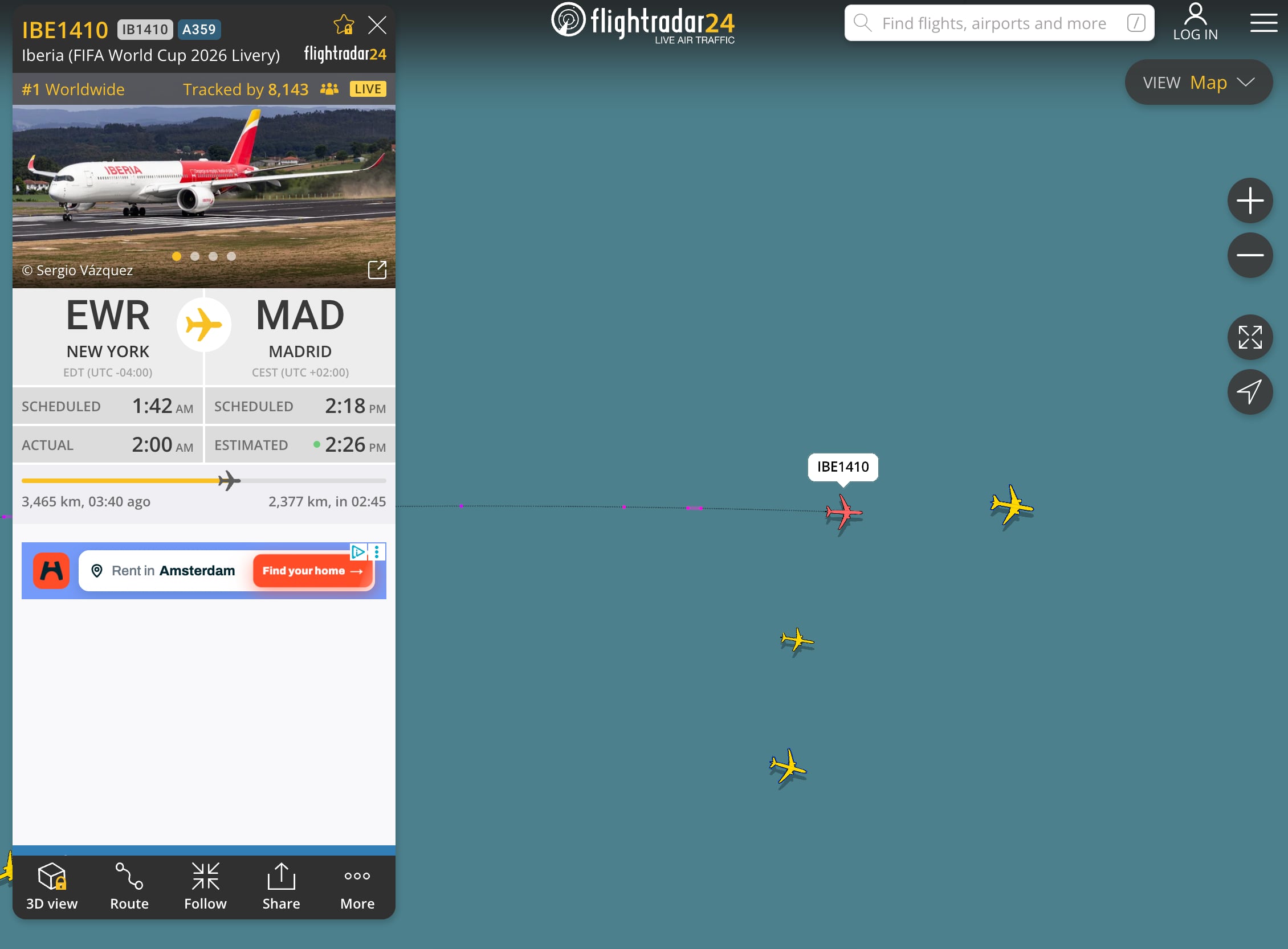 El vuelo de Iberia que lleva a bordo a los campeones del mundo de la Selección española es el más seguido de Flightradar: más de 8.000 personas siguen su recorrido