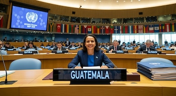 Una mujer sonriente en traje azul está sentada en un escritorio con un cartel que dice "GUATEMALA" en una sala de conferencias de la ONU con banderas y una pantalla grande.