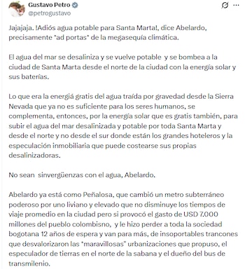 El expresidente de la República señalò que la desalinización podía complementar el suministro que llega por gravedad desde la Sierra Nevada de Santa Marta - crédito @petrogustavo/X