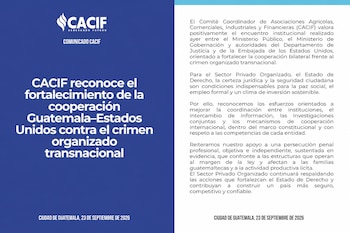 Un comunicado oficial del CACIF con texto en blanco sobre fondo azul y blanco sobre la cooperación entre Guatemala y Estados Unidos.